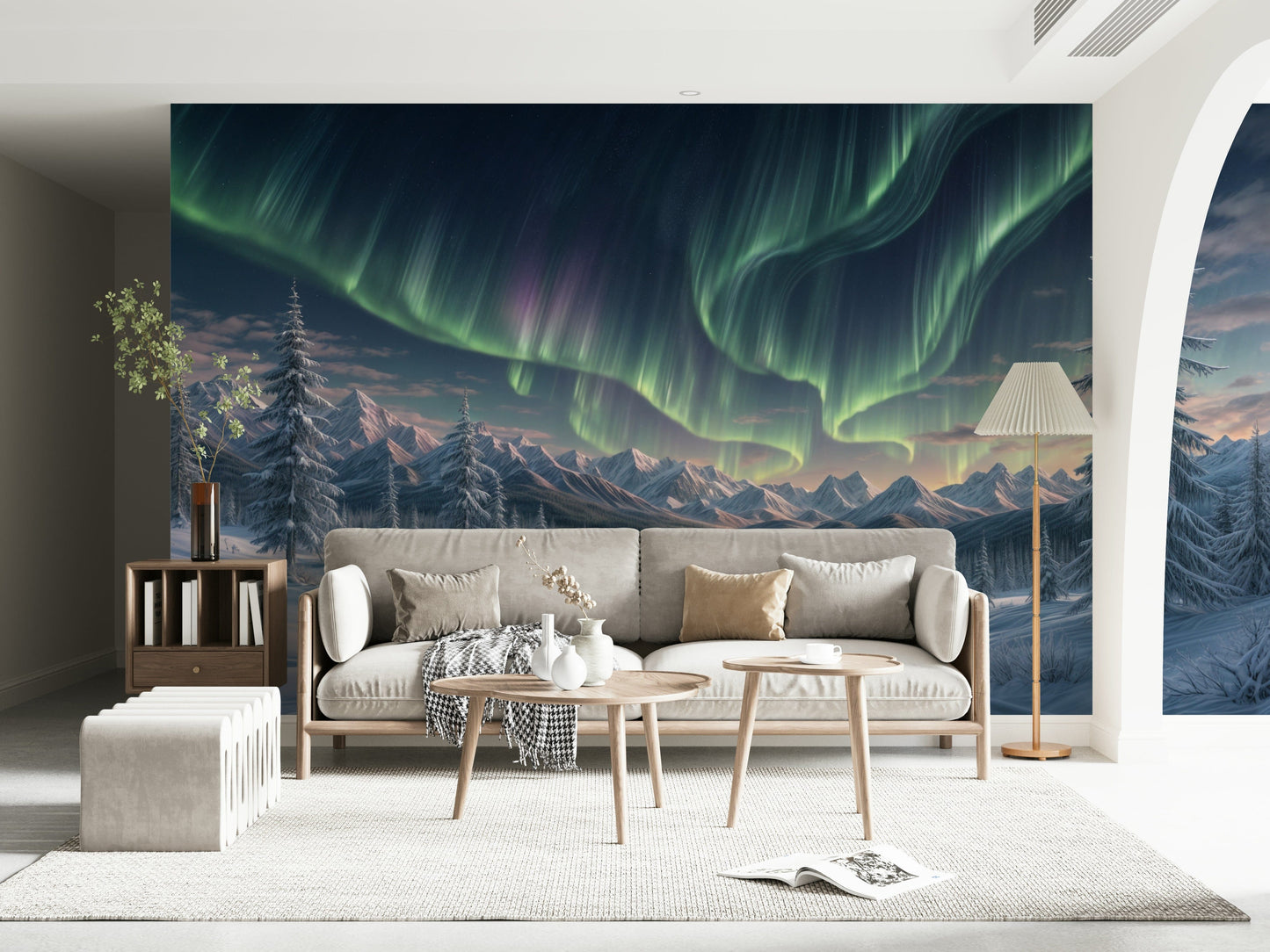 Minimal modern apartment bedroom with aurora wall mural, calm night colors