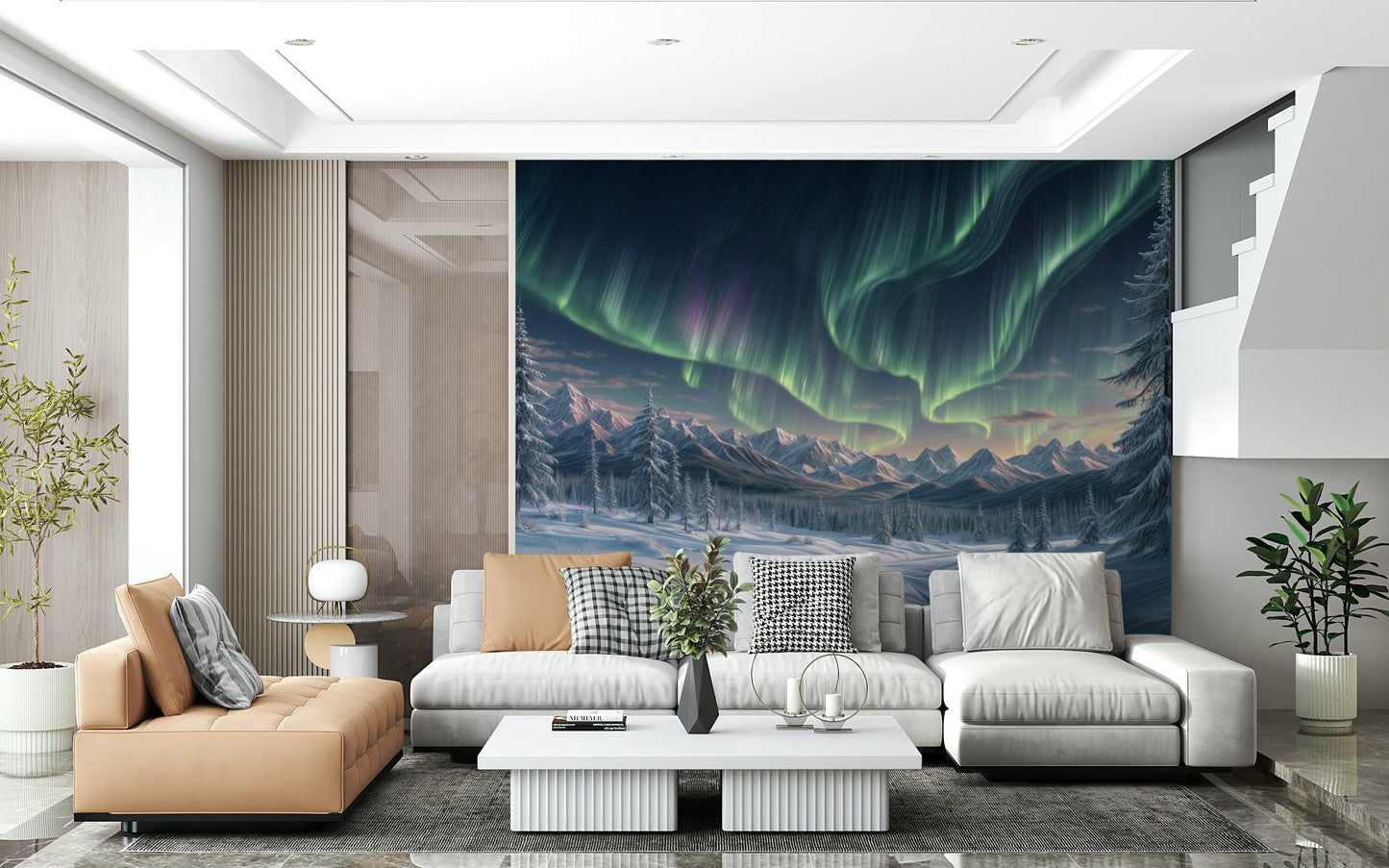 Aurora’s Winter Dance Wall Mural in bedroom, icy sky tones over headboard