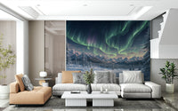 Aurora’s Winter Dance Wall Mural in bedroom, icy sky tones over headboard