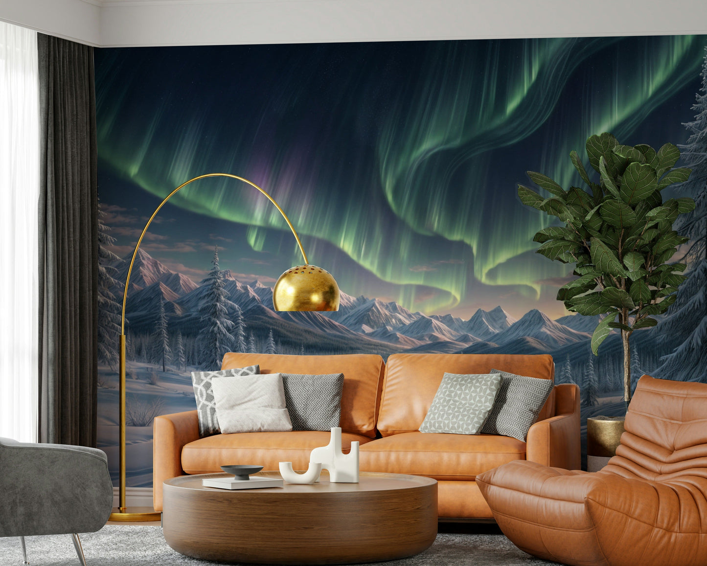 Aurora mural in hallway, modern wall decor with winter sky colors