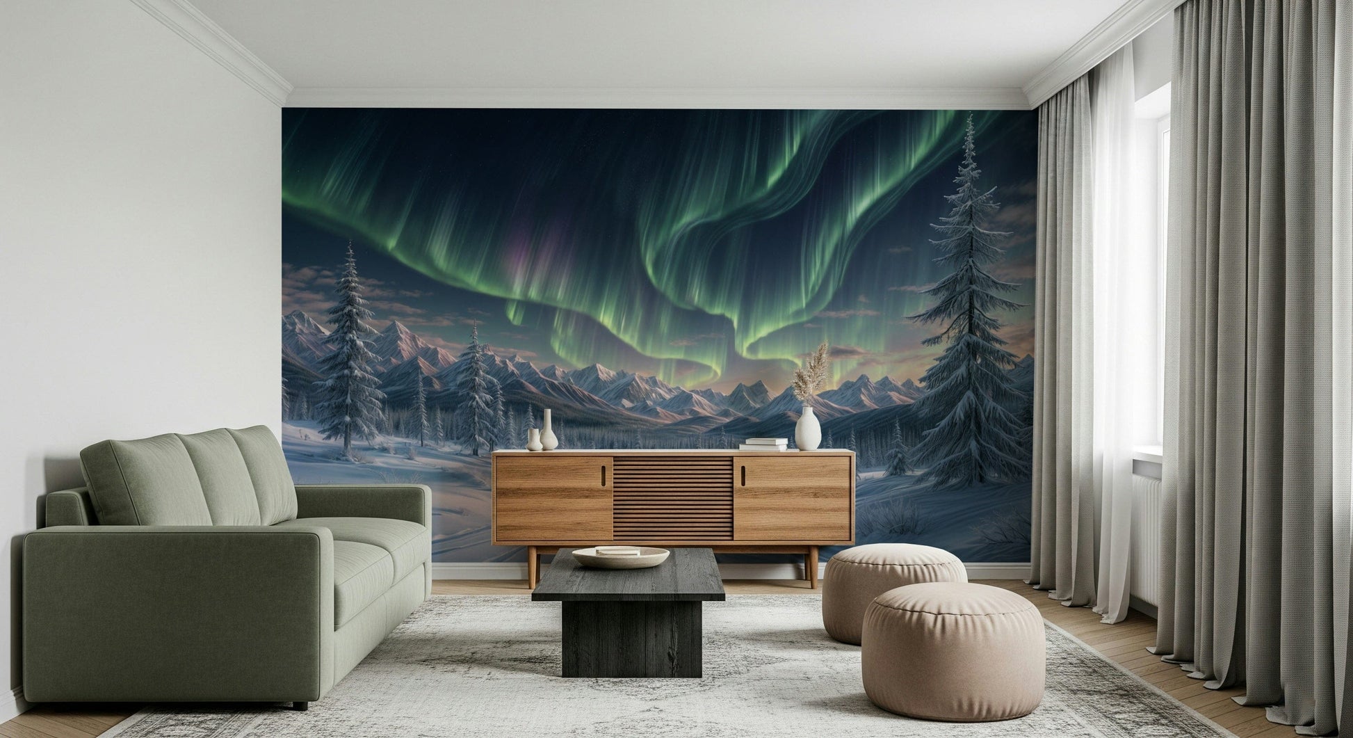 Aurora wallpaper behind TV unit, modern living room feature wall in cool colors