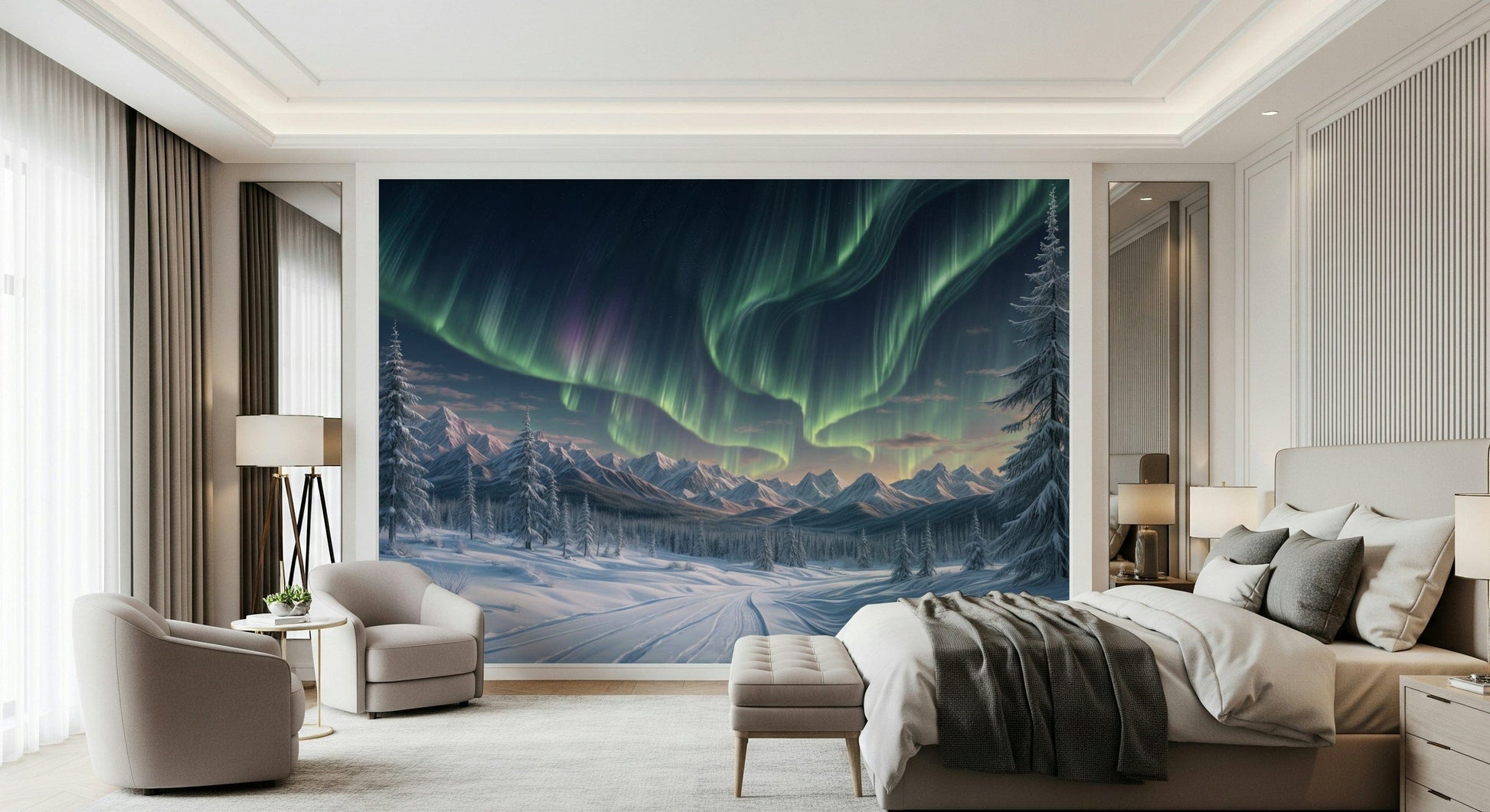 Winter aurora mural behind sofa, modern wall decor in apartment lounge