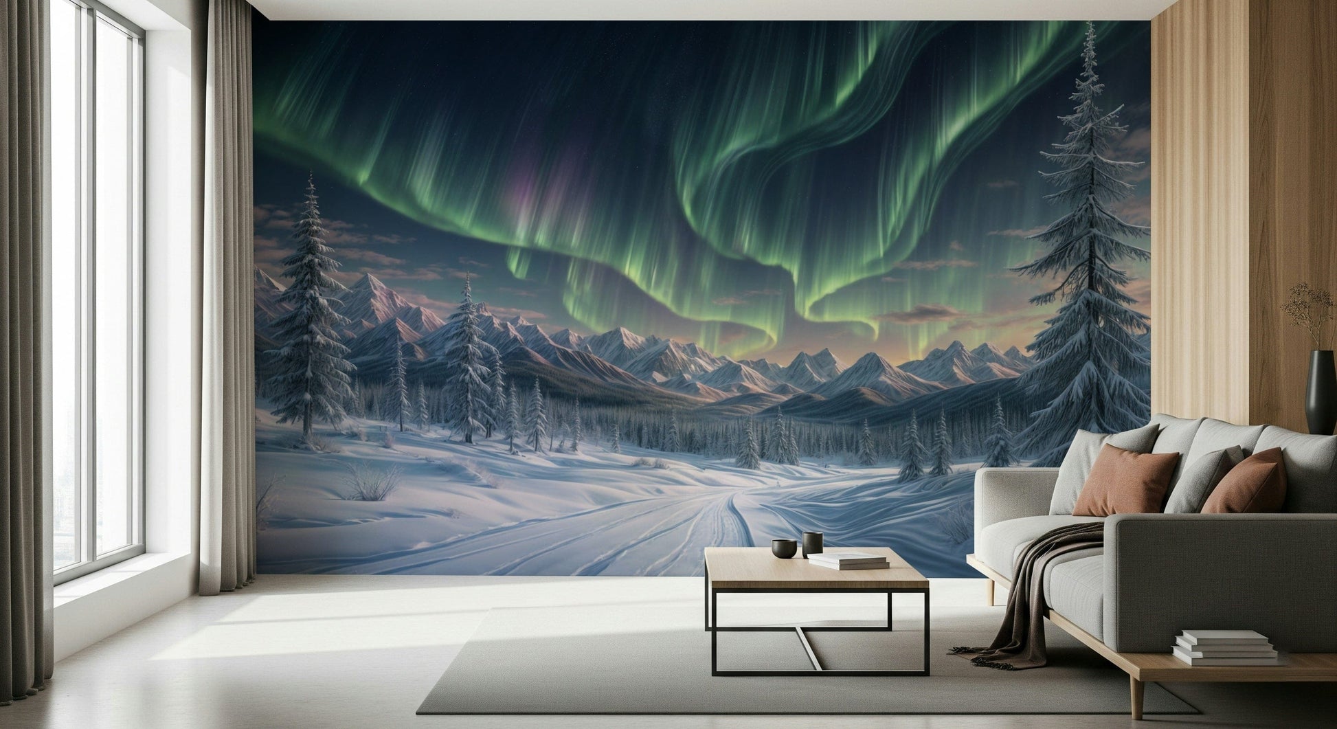Northern lights mural in dining area, cool color gradient on feature wall