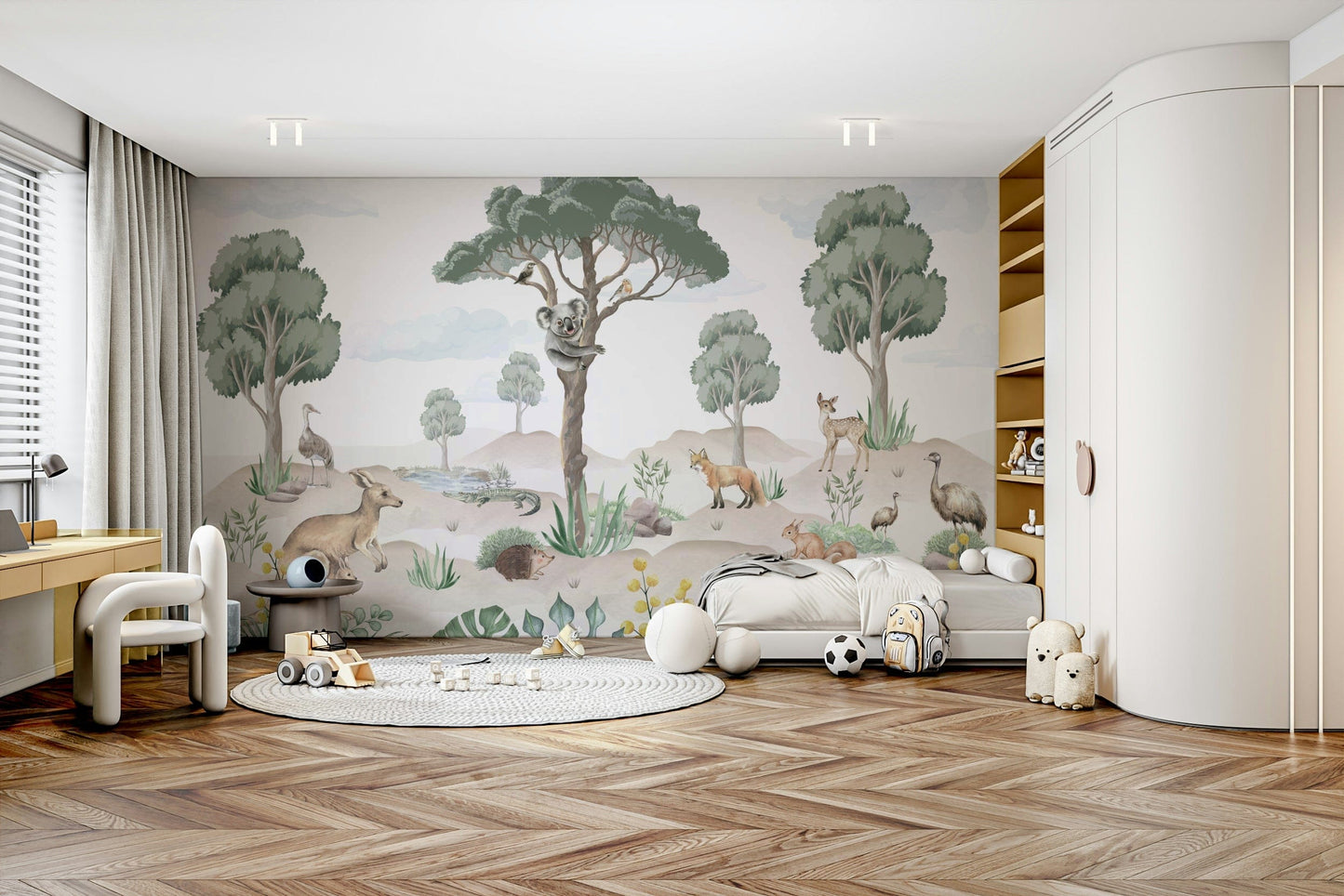 A child's room with a charming Australian animal design

