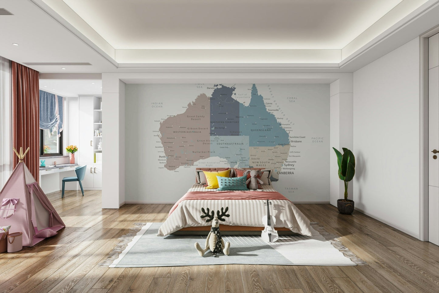 A wall mural featuring a map of Australia.


