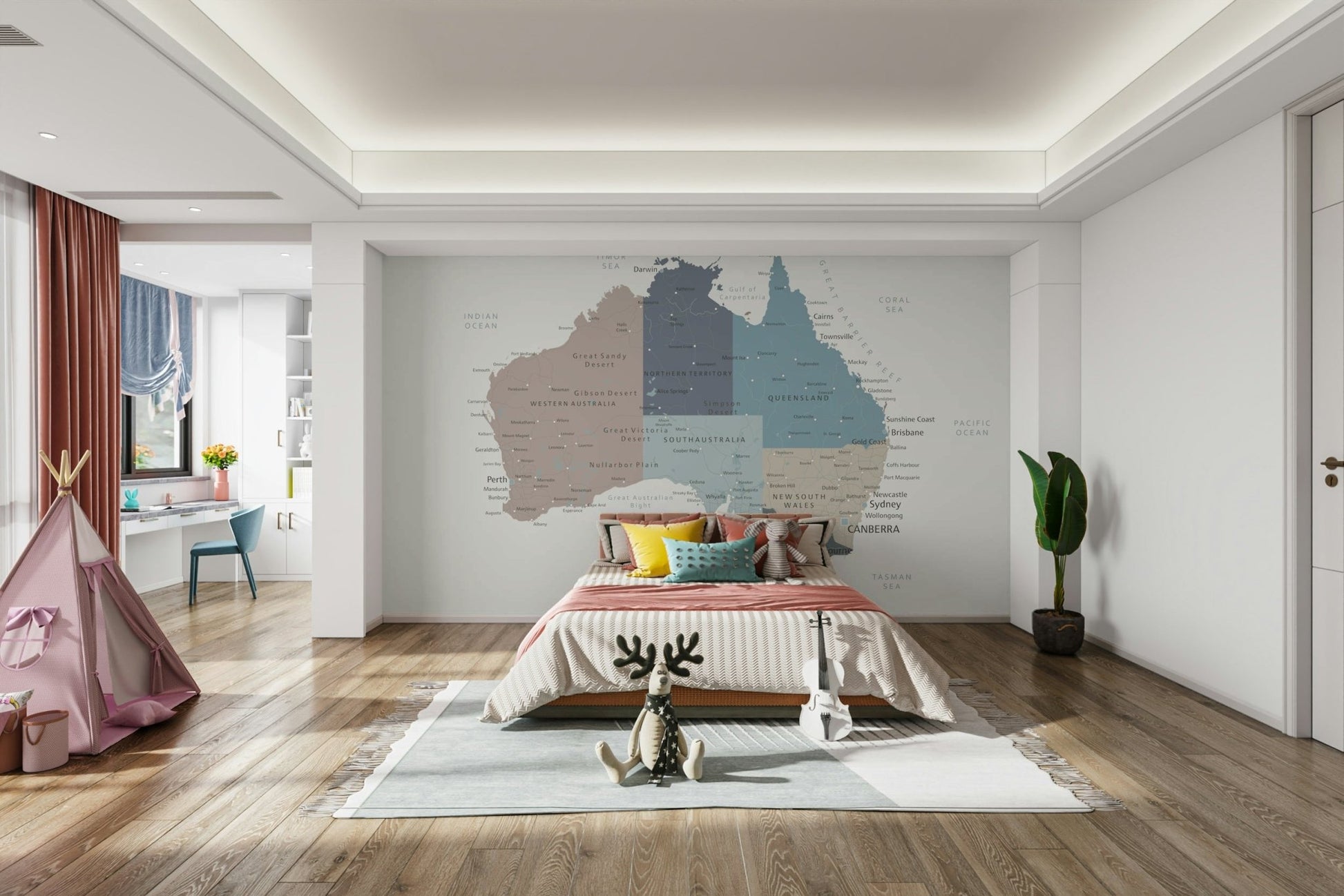 A wall mural featuring a map of Australia.

