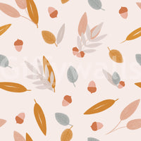 Pastel leaves and golden acorns arranged in a playful yet elegant wallpaper pattern.