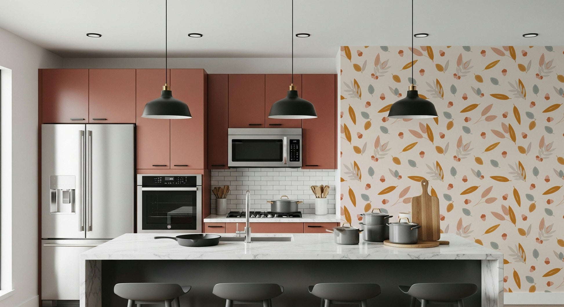 A delicate wallpaper with illustrated acorns, soft leaves, and gentle fall colors.