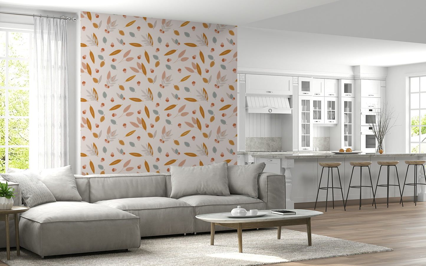 Warm golden acorns and pastel leaves repeating across a neutral background in this autumn wallpaper.