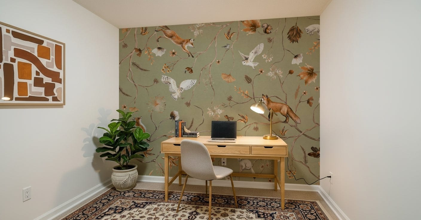 Whimsical wall art depicting a tree-lined path with autumn foliage