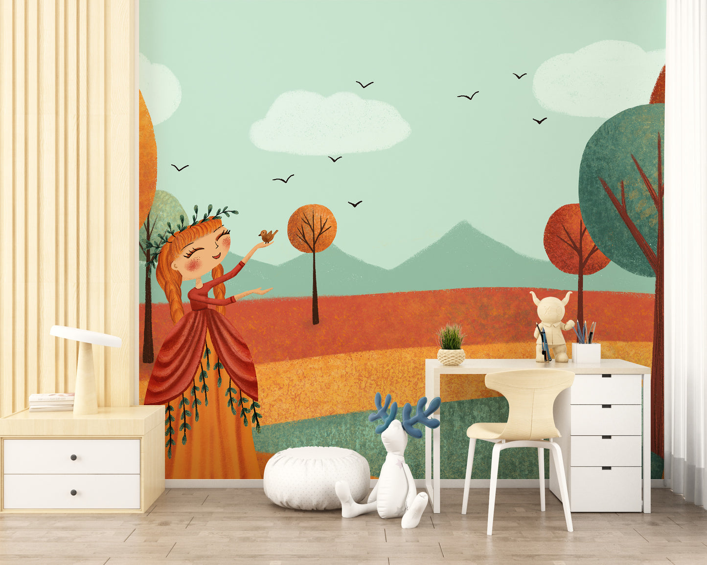Fairy girl in autumn landscape wallpaper mural