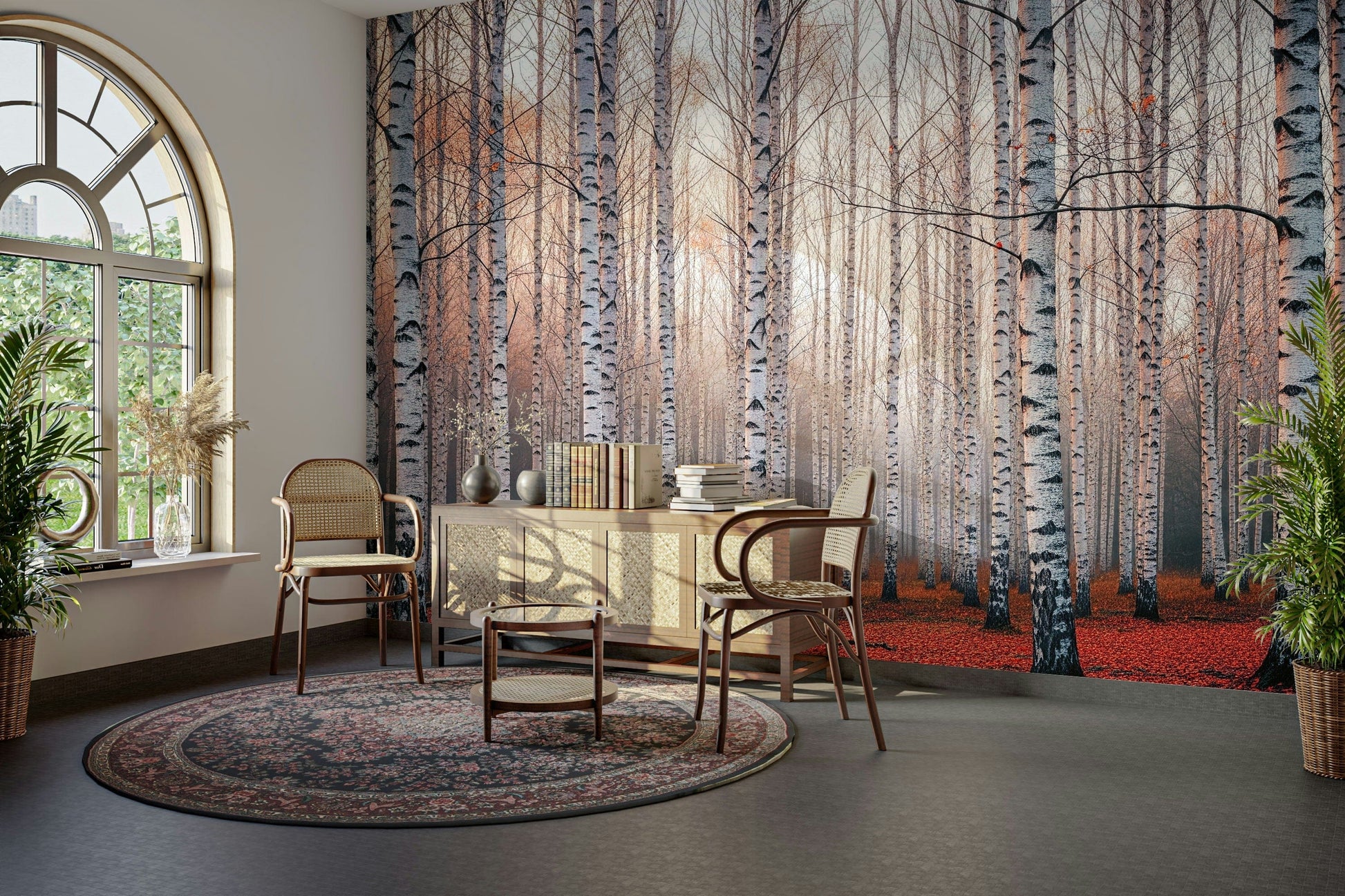 The composition is a wide, landscape view of the forest.

