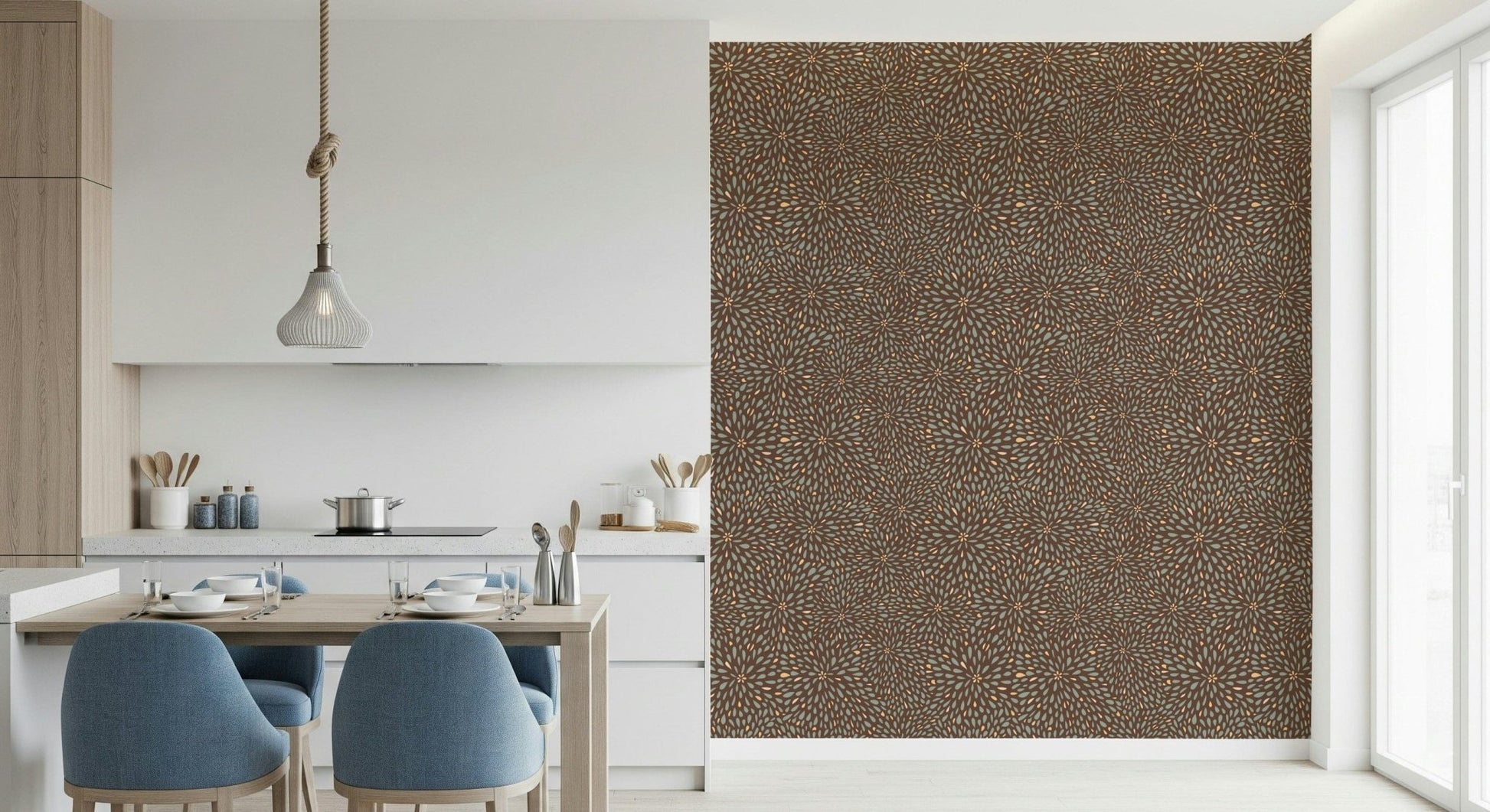 Nature-inspired wallpaper mural with clustered bursts of autumnal shapes in brown, tan, and muted blue.