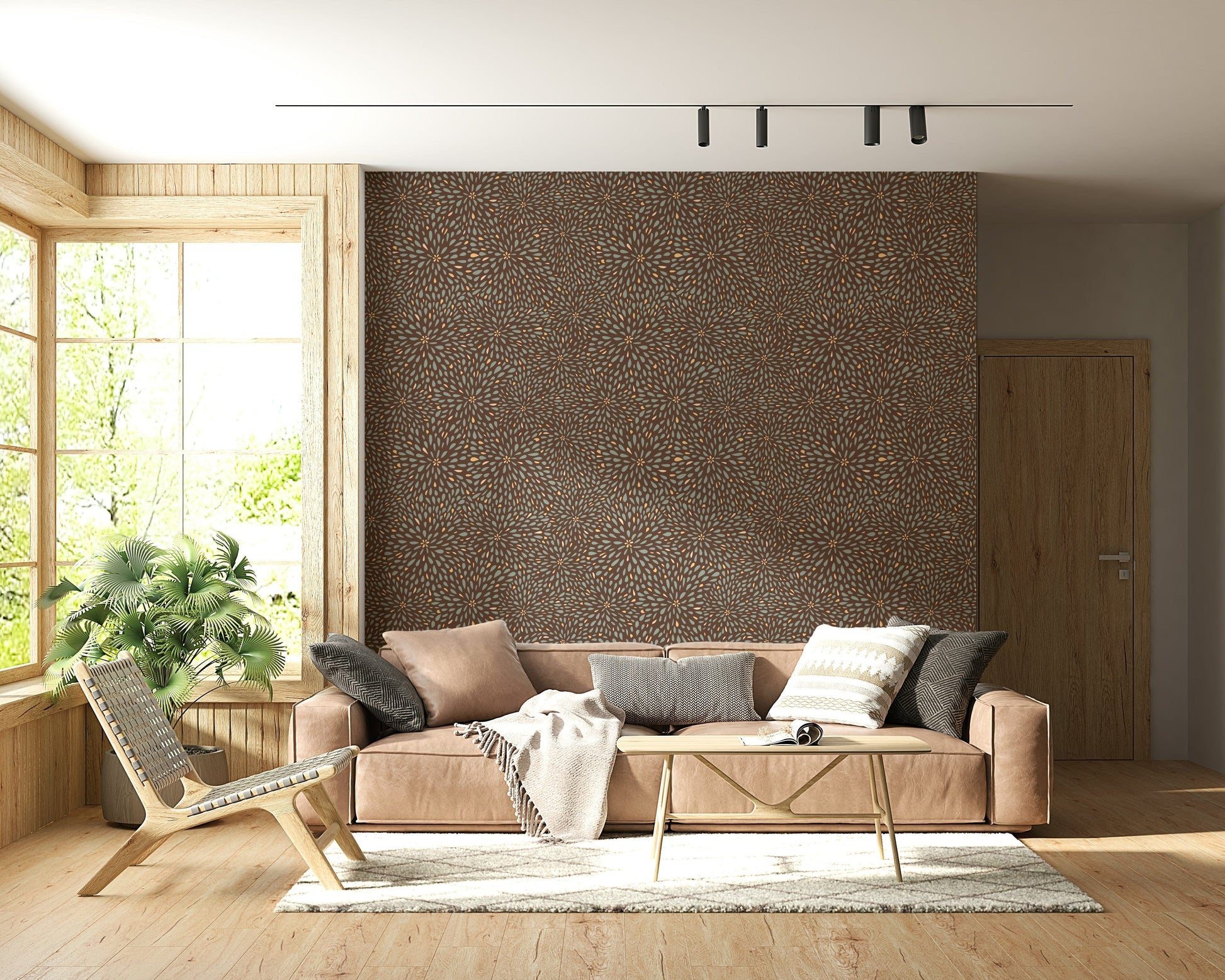 Patterned wallpaper mural inspired by autumn foliage arranged in starburst formations.