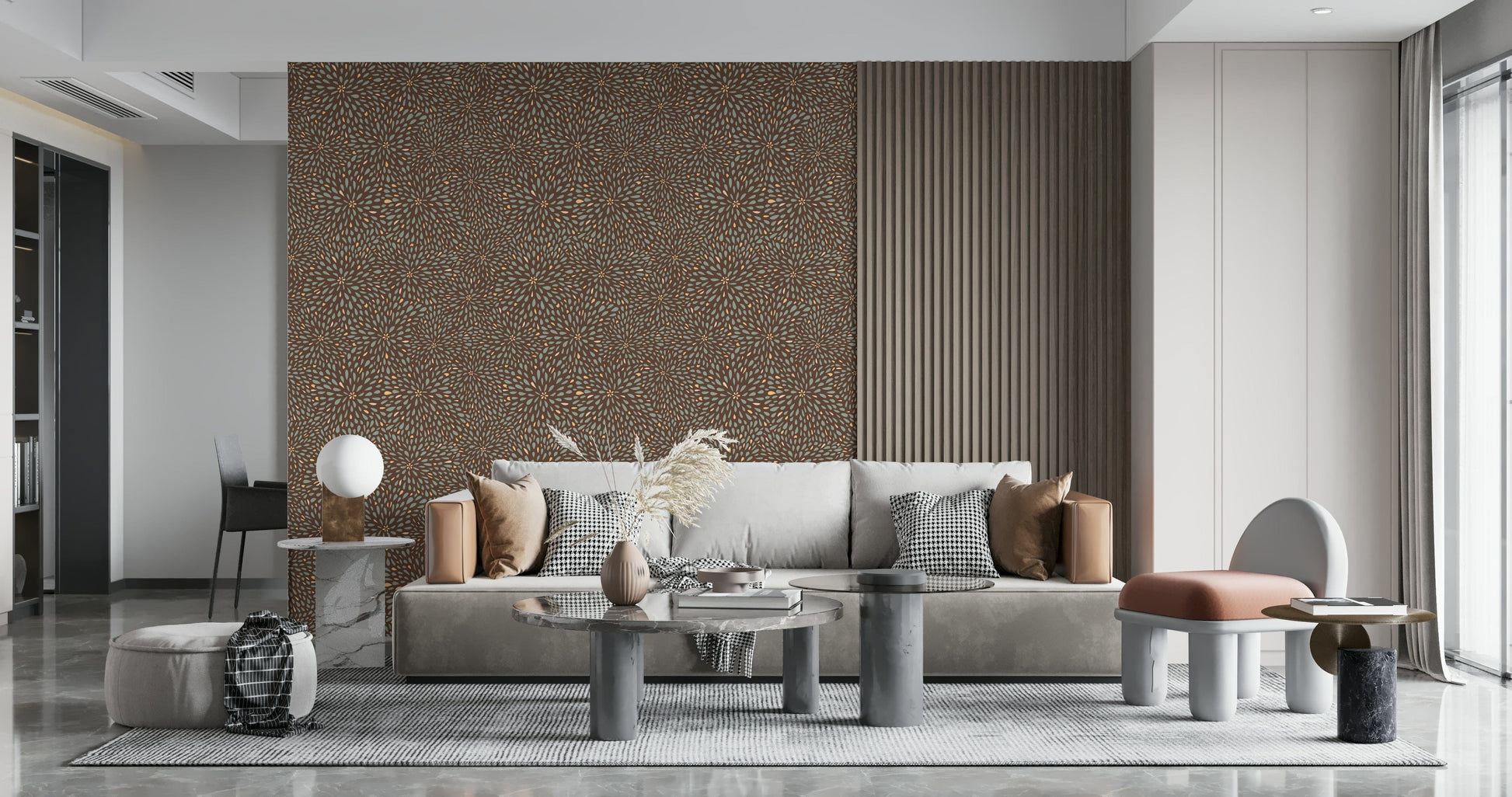 Autumn Burst wallpaper featuring radiating leaf-like motifs in warm earthy tones on a dark background.