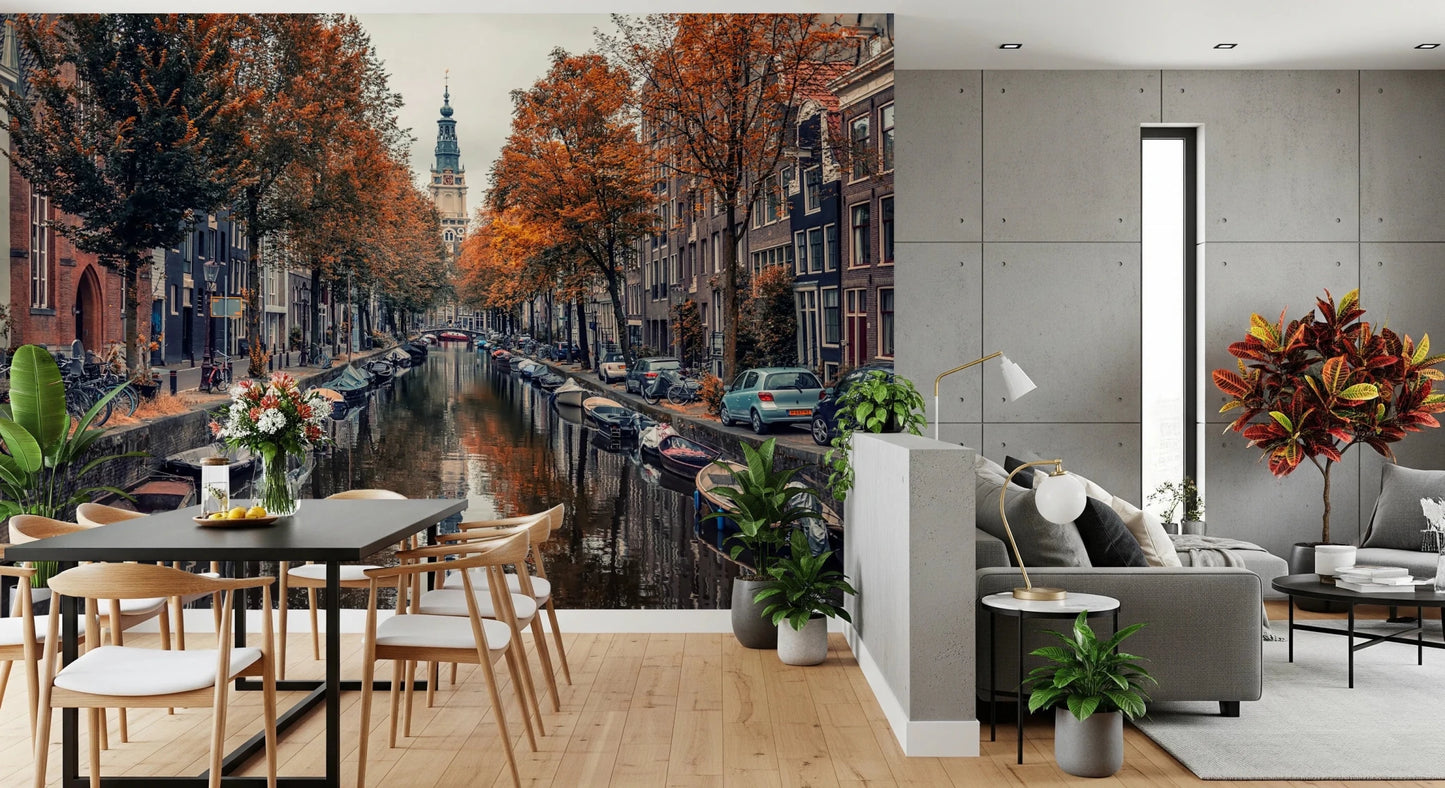 Autumn Canal Charm wallpaper mural of an autumn canal behind a black dining table and grey sofa in an open living space