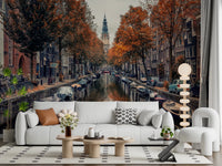 Autumn Canal Charm wallpaper mural of an autumn canal behind a white sofa and beaded floor lamp in a living room