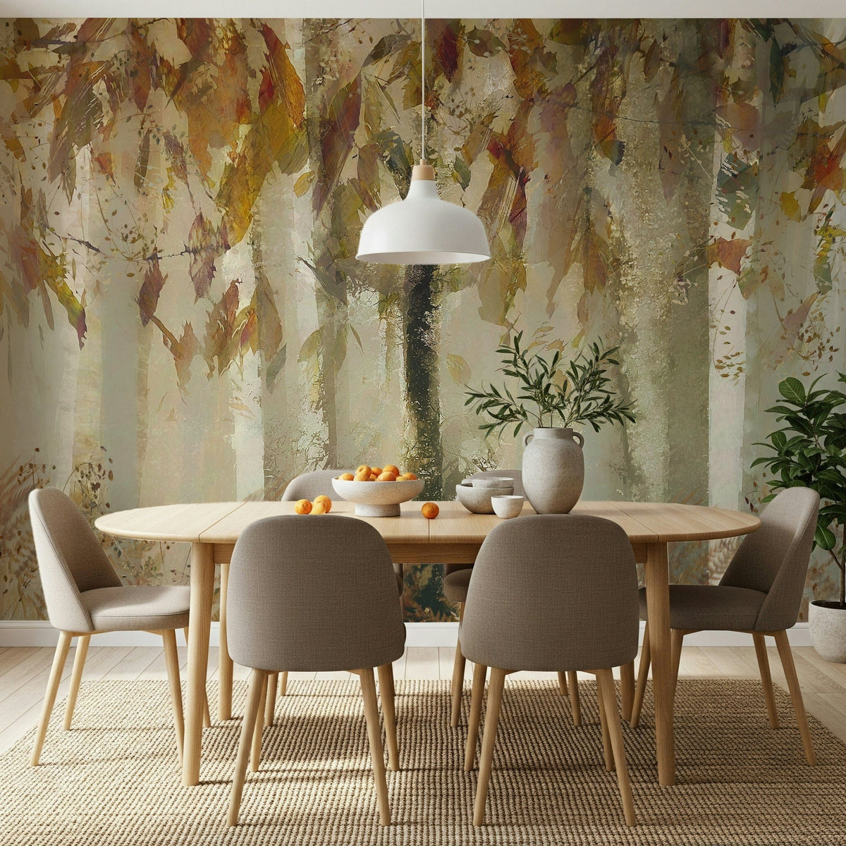 Autumn Canopy wallpaper mural of warm gold and rust forest leaves in a dining room with light wood table and taupe chairs