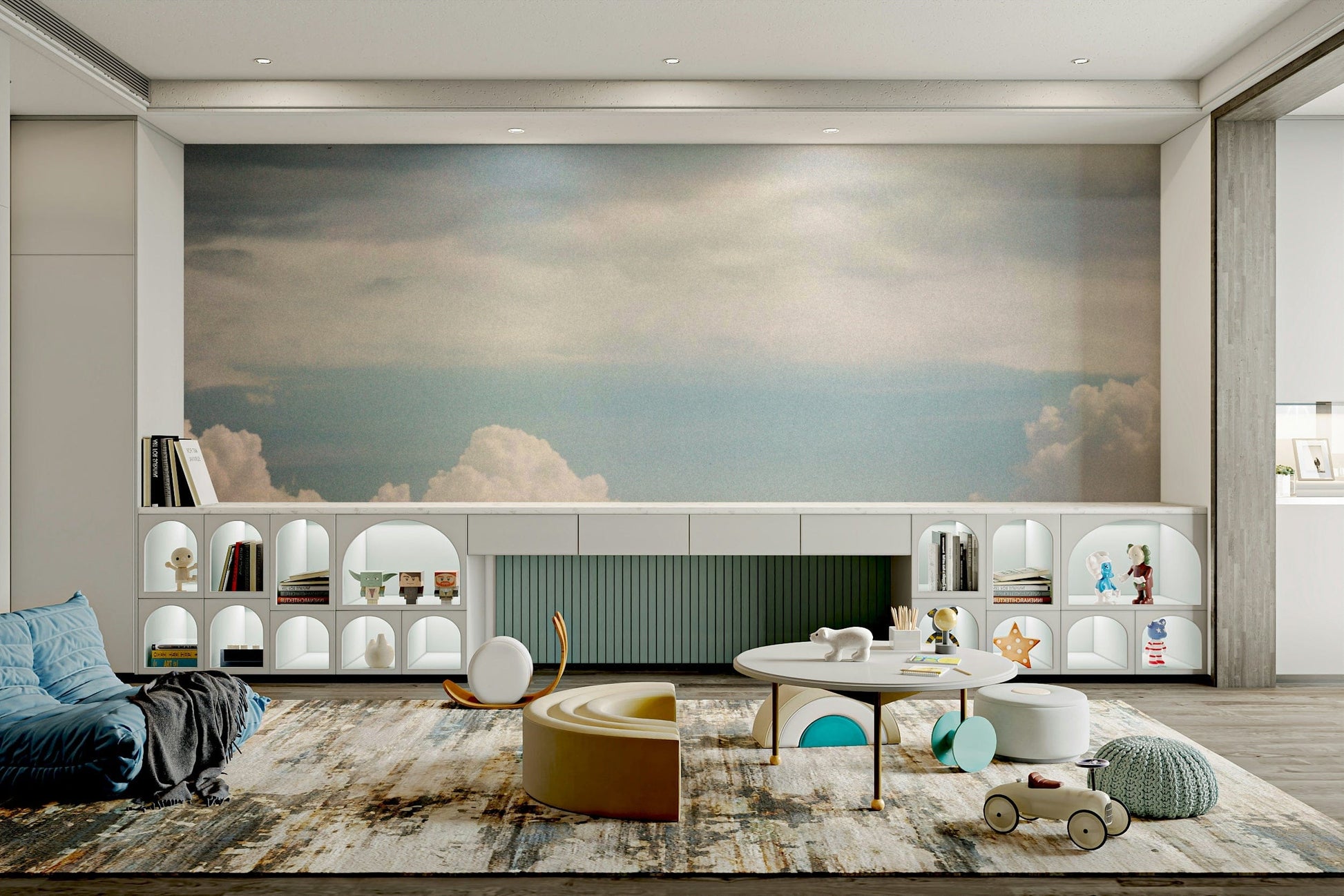 A beautiful wide-angle wall mural of a peaceful cloudscape.

