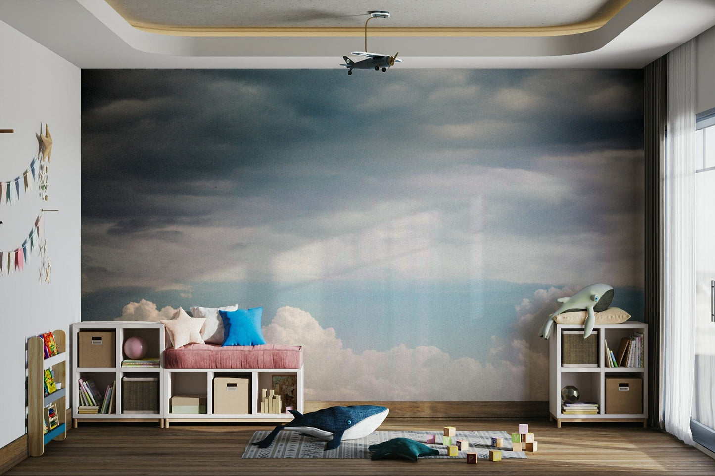 A peaceful natural scene mural on decorative wallpaper.

