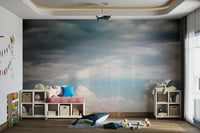 A peaceful natural scene mural on decorative wallpaper.

