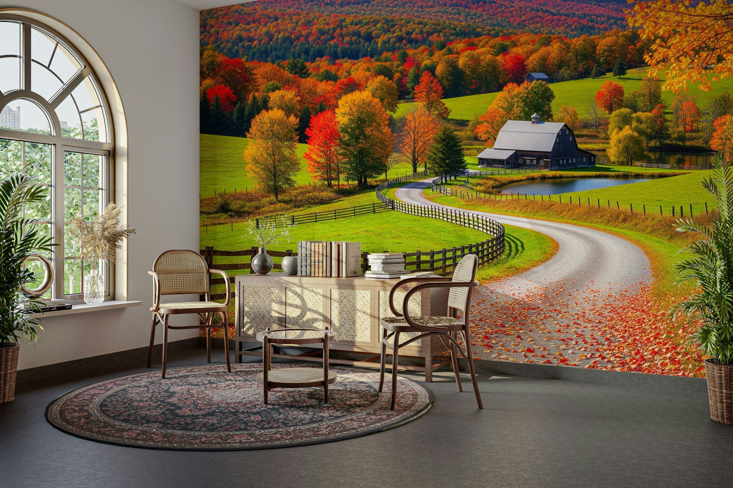 The design features a barn and rustic farm elements.

