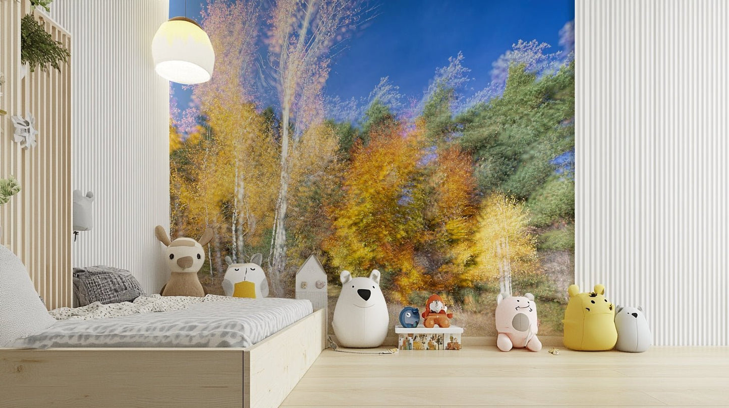 The colors are bold and warm, giving the space a lively feel.

