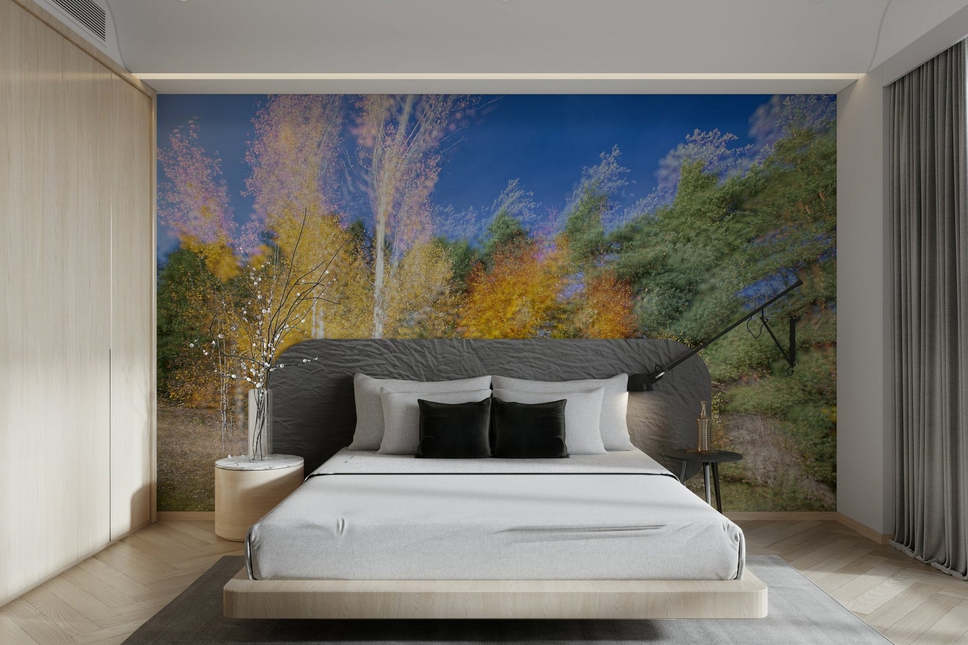 An abstract wall mural showing a forest with a colorful motion blur effect.

