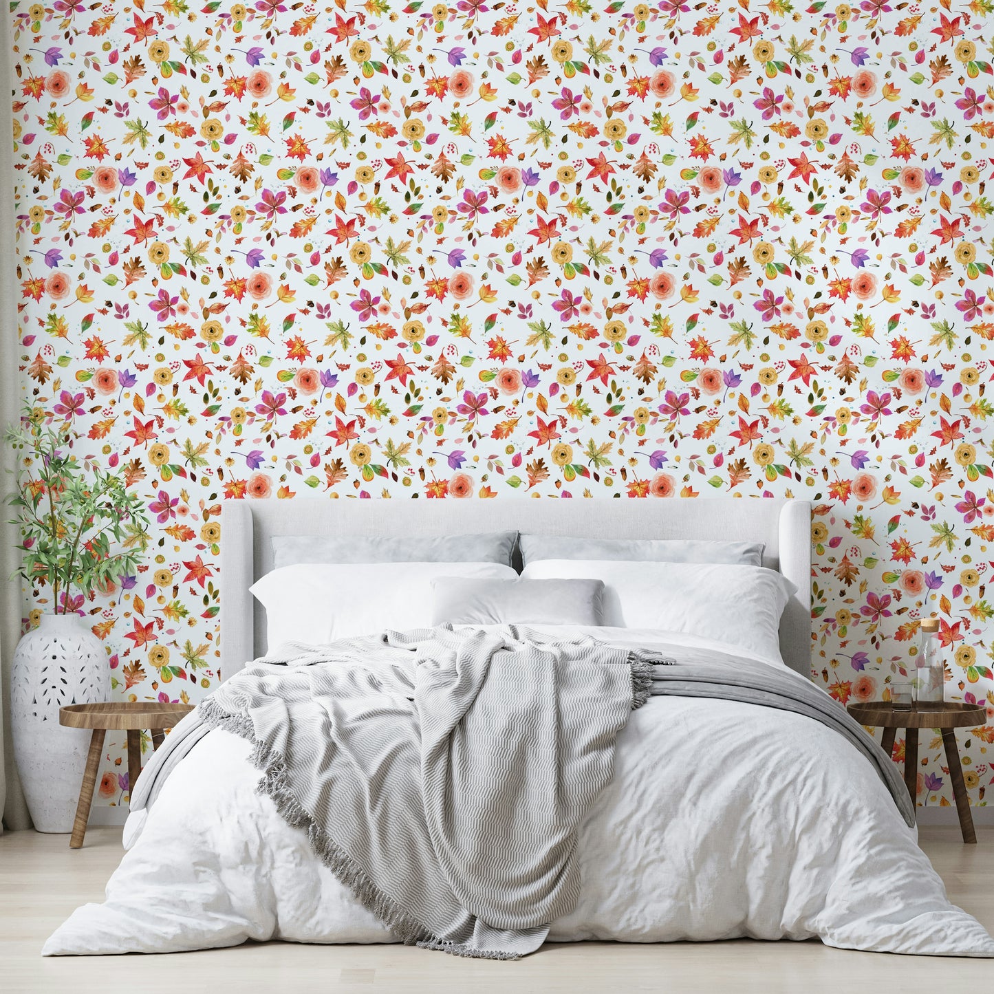 Forest leaf and flower wallpaper in warm tones

