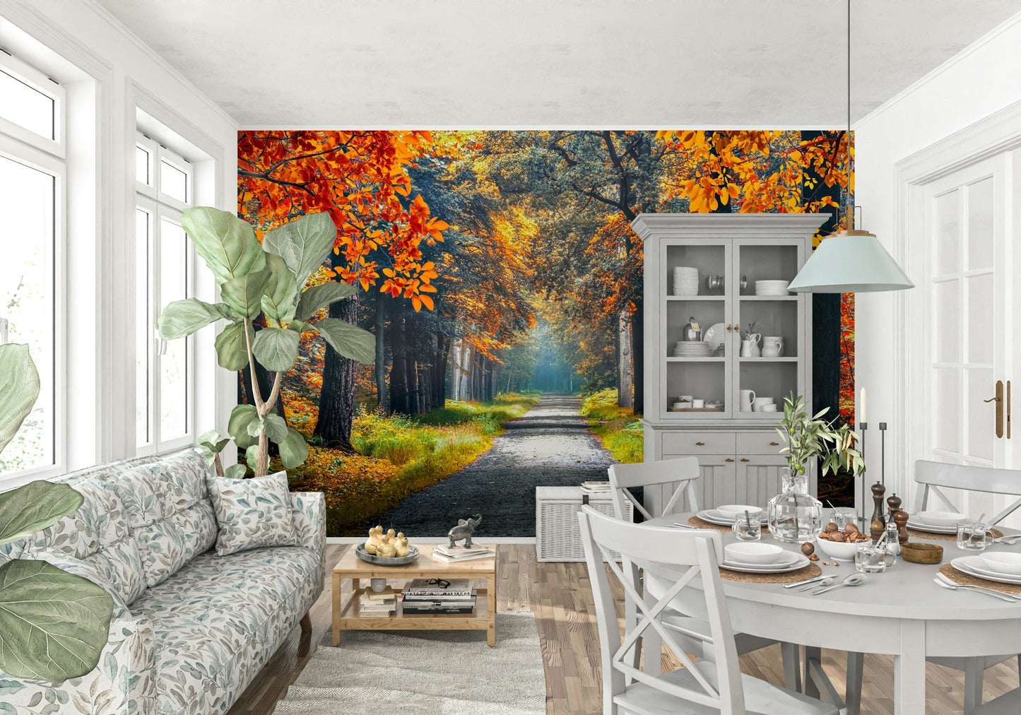 Autumn path wall mural for bedroom, forest wallpaper scene with warm orange and muted green tones