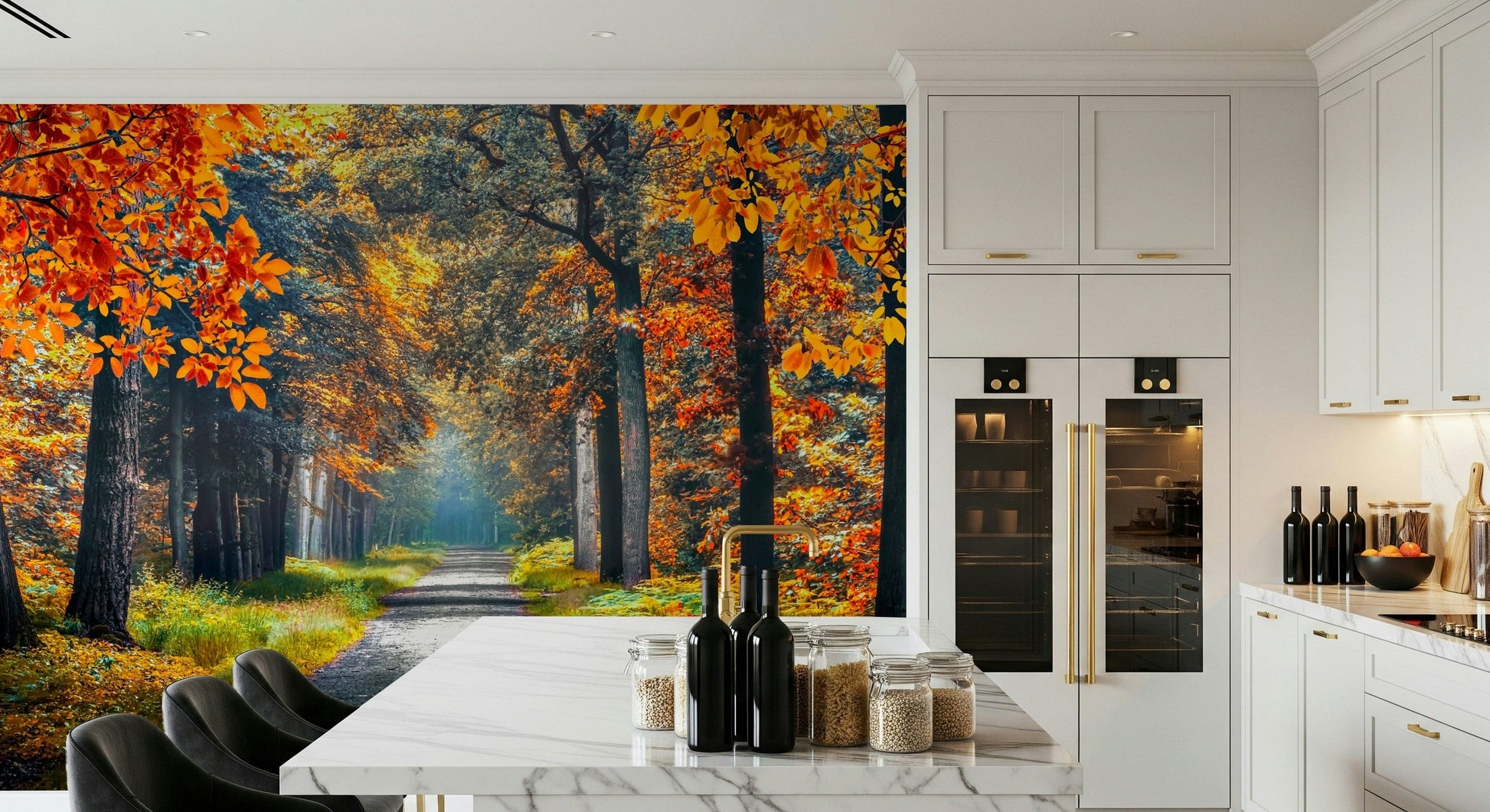 Forest wallpaper wall mural showing a winding autumn path, tree wallpaper shapes in soft focus