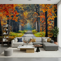 Autumn path wall mural with layered trees, nature wallpaper feel for living room or reading nook