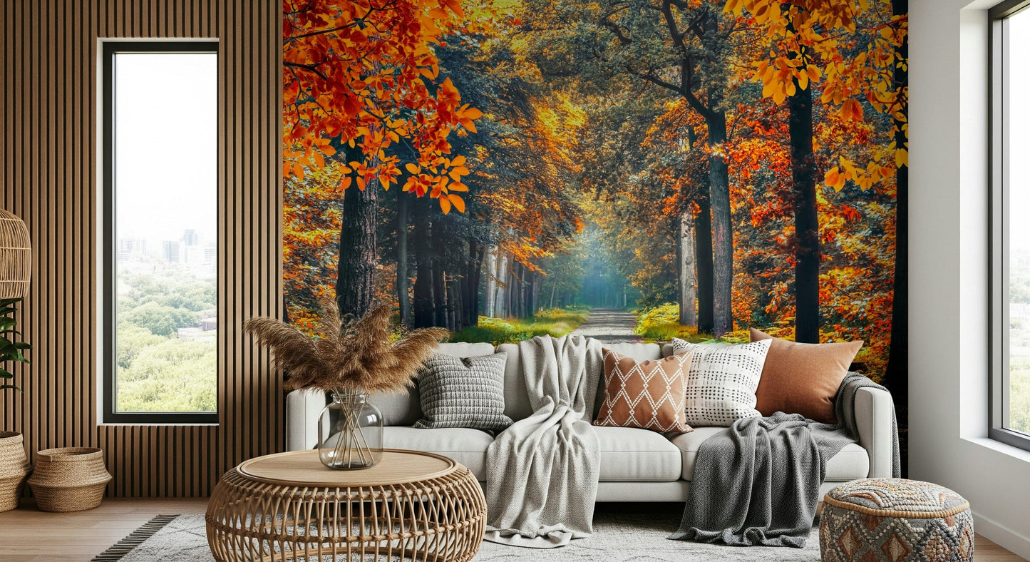 Forest wallpaper style autumn path wall mural with orange wallpaper leaves and soft green wallpaper accents