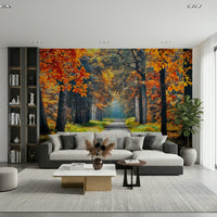Nature wallpaper wall mural showing a quiet autumn trail with tree wallpaper details in warm tones