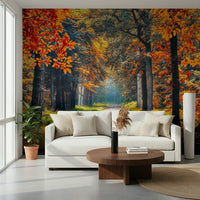 Autumn path wall mural with orange and green trees, forest wallpaper look for a calm hallway