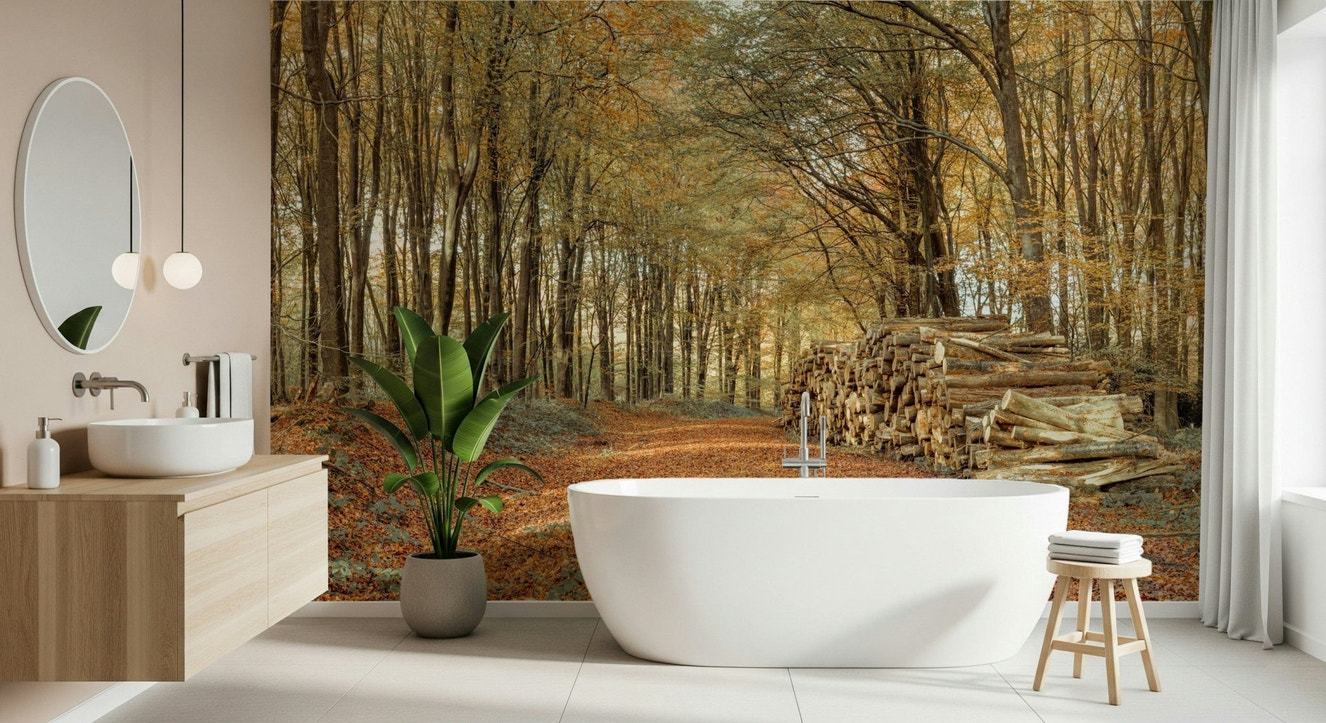 Broad view of the wood Autumn Forest Scene, calming seasonal mural.
