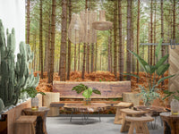 Kids room feature wall with gentle forest mural, modern decor and soft greens