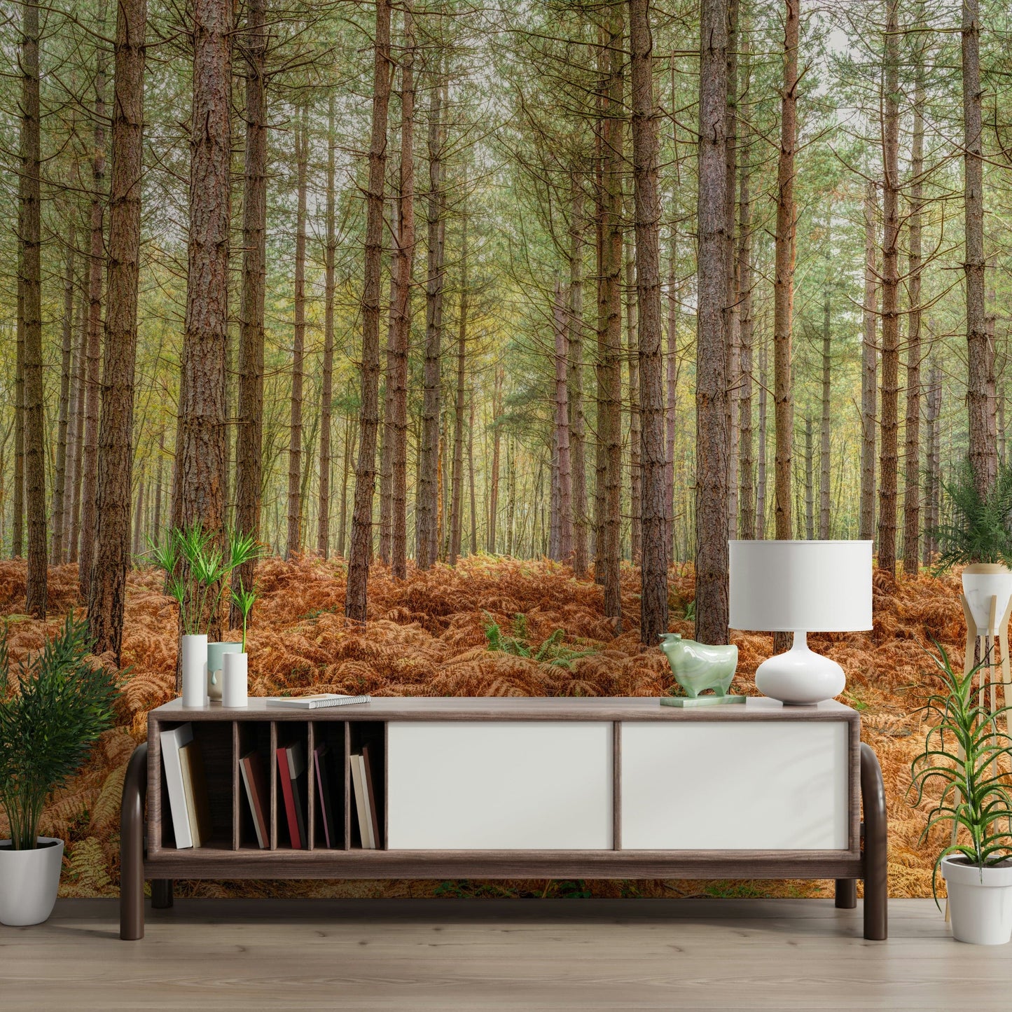 Nature-inspired wall mural behind sofa, modern wall decor in neutral living room