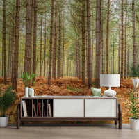 Nature-inspired wall mural behind sofa, modern wall decor in neutral living room