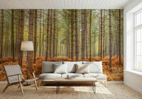 Minimal dining space with nature wall mural, green scenery behind table setting
