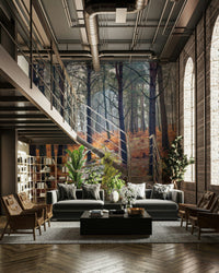 A beautiful serene forest wallpaper mural with subtle light.

