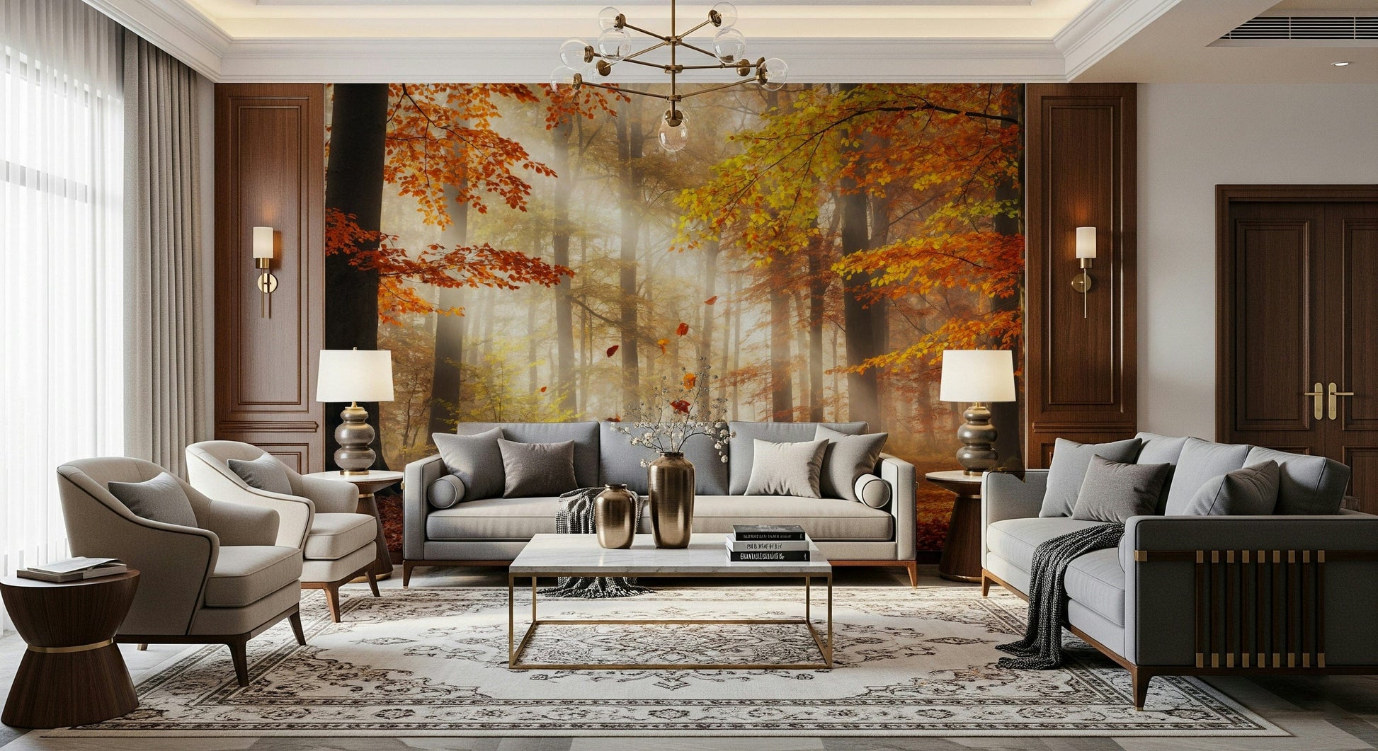 Bedroom headboard wall with autumn forest mural, cozy modern decor and soft neutral bedding