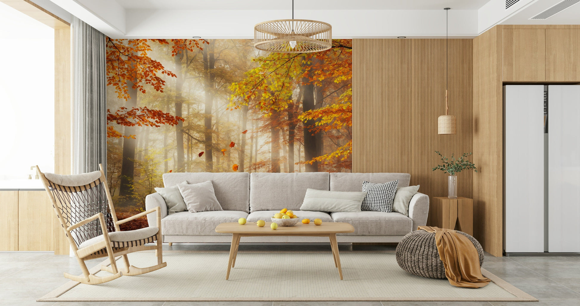 Dining room accent wall featuring Autumn's Embrace Wall Mural, modern chairs and warm lighting