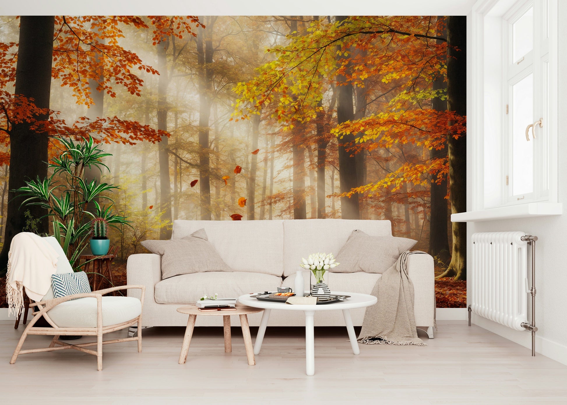 Reading nook with fall foliage wall mural, light wood chair and beige throw pillows