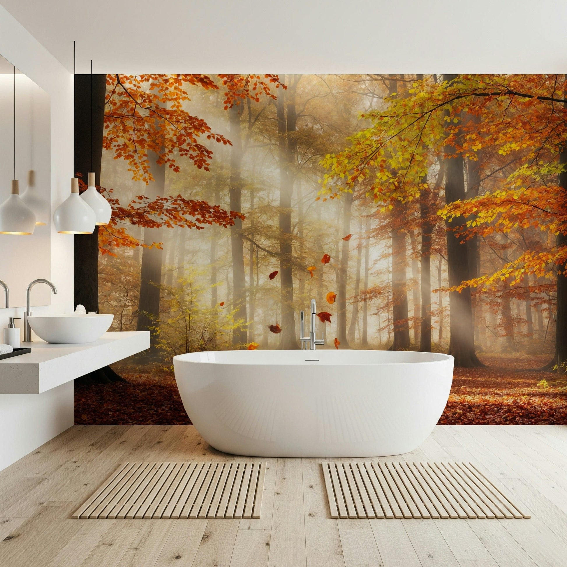 Apartment hallway with autumn trees wallpaper mural, slim console table and modern wall decor