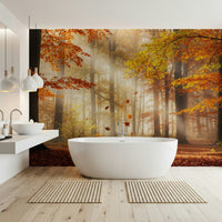 Apartment hallway with autumn trees wallpaper mural, slim console table and modern wall decor