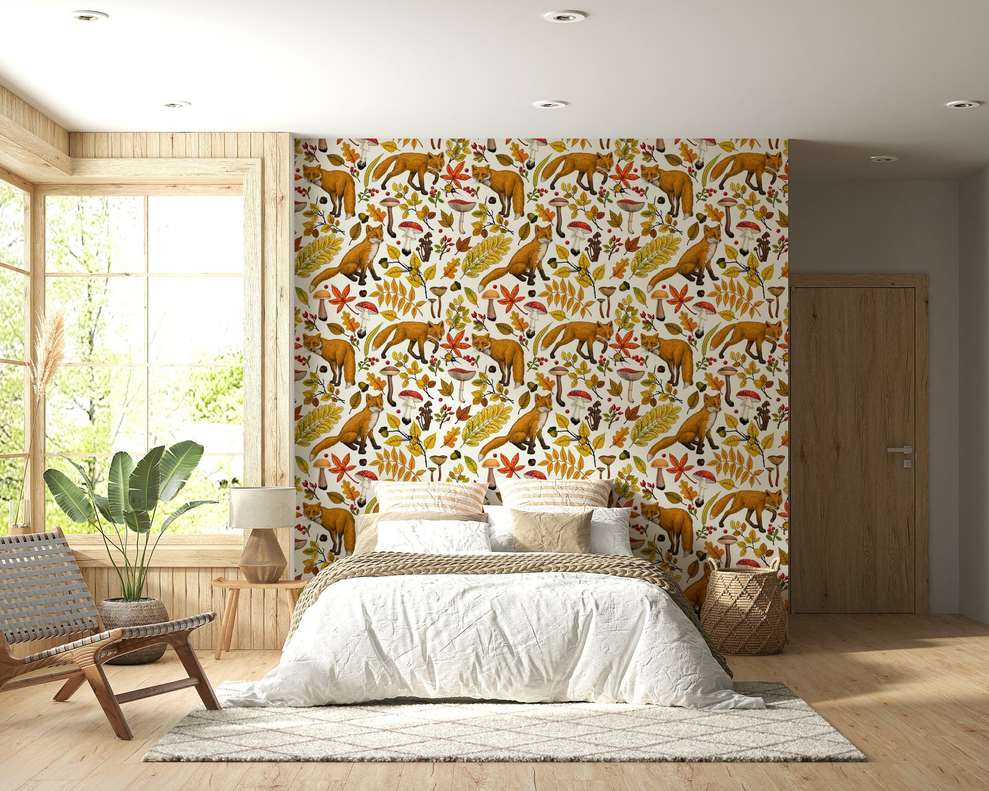 Decorative mural with foxes in a whimsical autumn forest scene on a natural white backdrop.