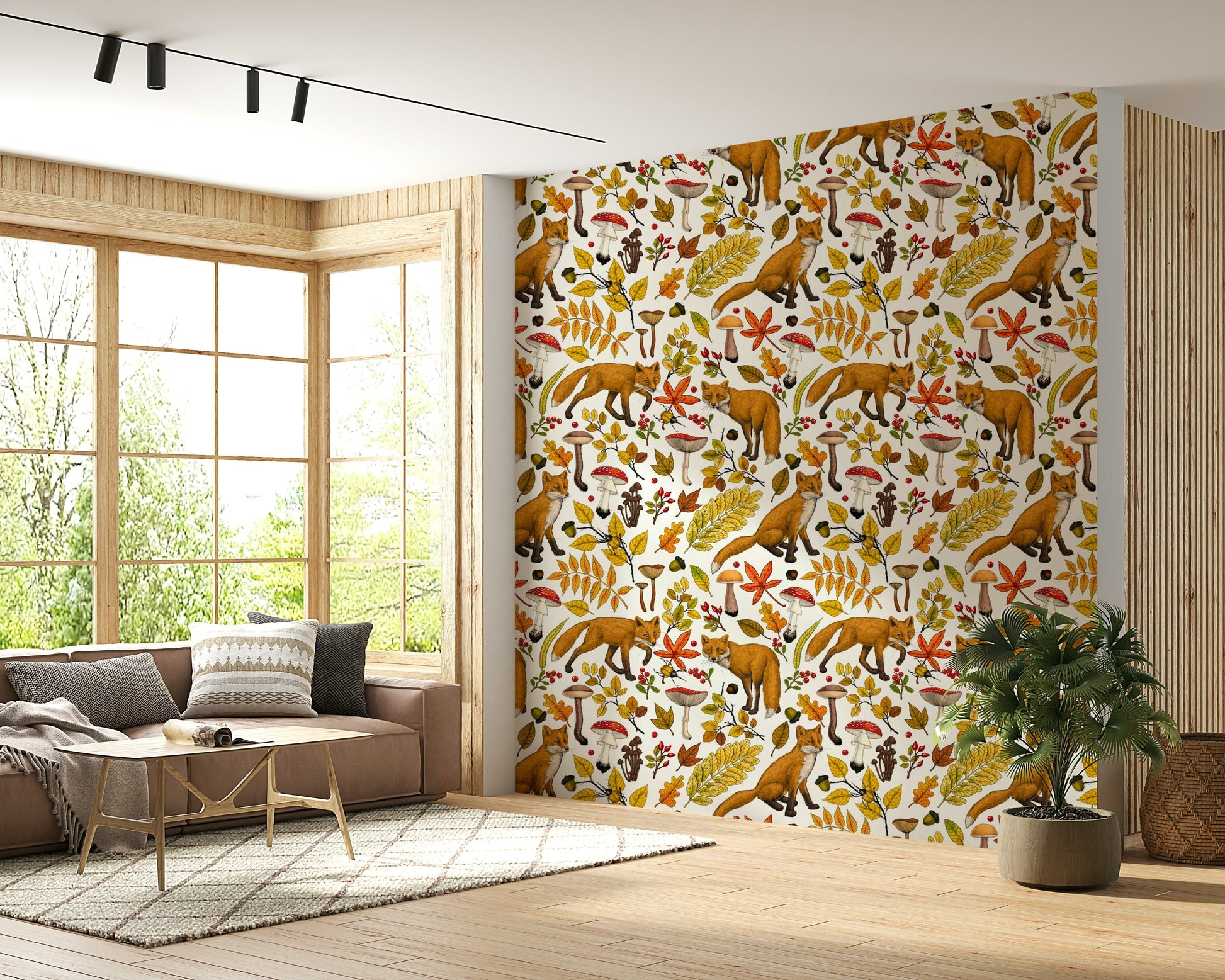 Decorative wall mural with foxes in autumn foliage on a soft white backdrop.