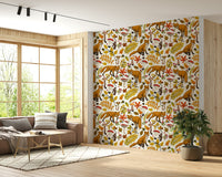 Decorative wall mural with foxes in autumn foliage on a soft white backdrop.