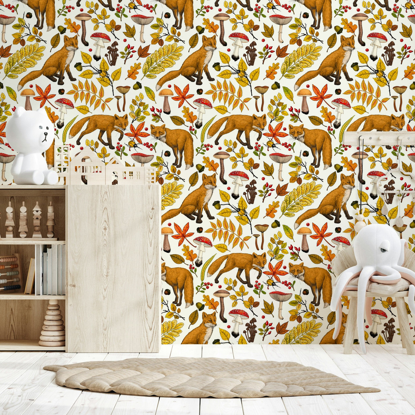 Autumn Foxes Wallpaper featuring playful foxes among fall leaves on a natural white background.